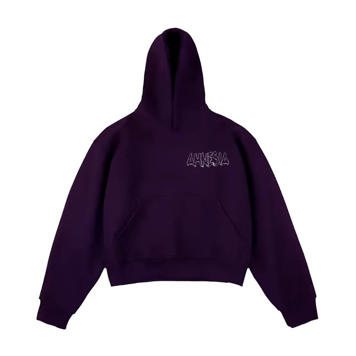 Dark purple hoodie with an outlined Amnesia logo on the chest.