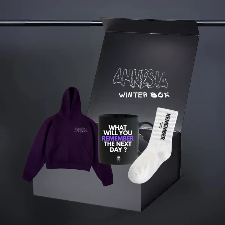 A gift box holding the hoodie, the mug and the socks.