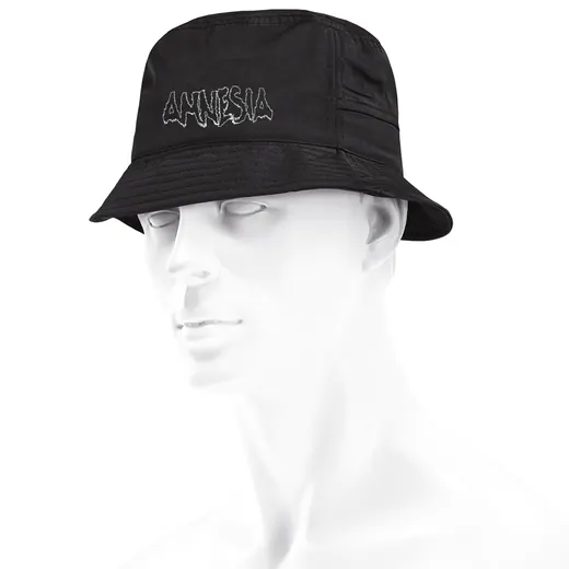 A black bucket hat on a mannequin head.