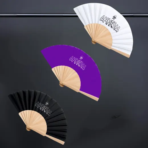 Three folding fans in white, purple and black.